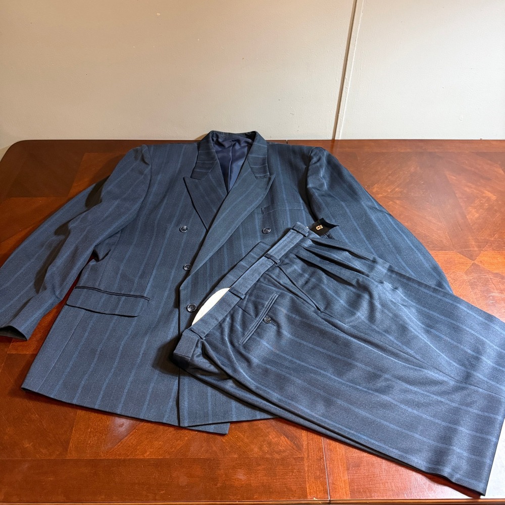 Jean Pierre Harold Pener Mens Navy Pinstripe Double Breasted Suit 50L Jacket